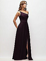 Side View Thumbnail - Deep Plum One-Shoulder Chiffon Maxi Dress with Shirred Front Slit