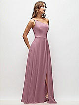 Side View Thumbnail - Dusty Pink One-Shoulder Chiffon Maxi Dress with Shirred Front Slit