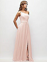 Side View Thumbnail - Blush One-Shoulder Chiffon Maxi Dress with Shirred Front Slit