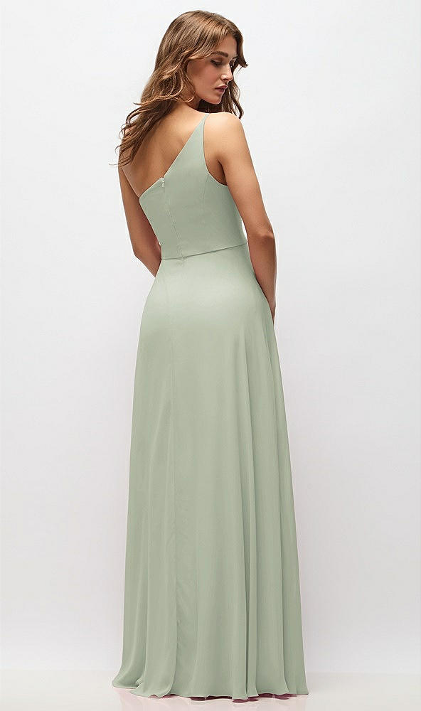 Back View - Celadon One-Shoulder Chiffon Maxi Dress with Shirred Front Slit