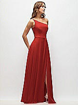 Side View Thumbnail - Poppy Red One-Shoulder Chiffon Maxi Dress with Shirred Front Slit