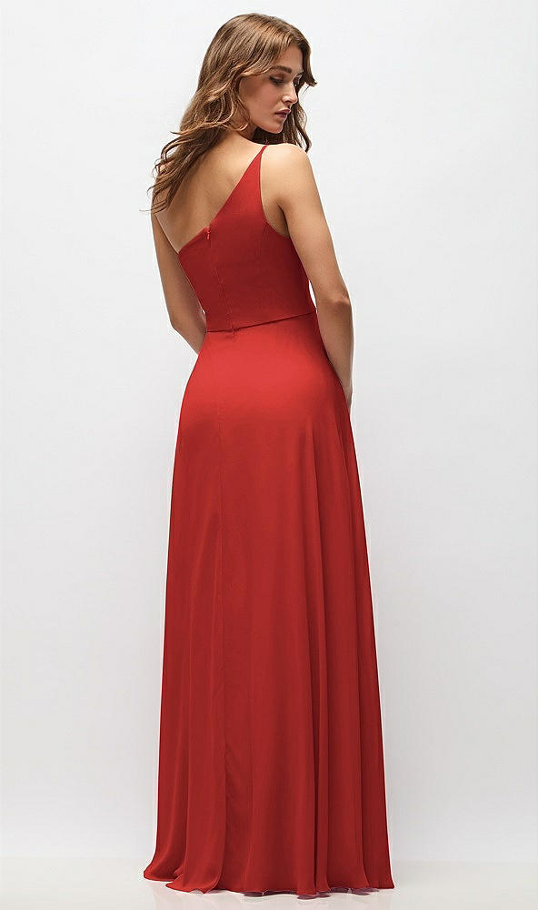 Back View - Poppy Red One-Shoulder Chiffon Maxi Dress with Shirred Front Slit
