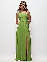 Front View Thumbnail - Peridot Green One-Shoulder Chiffon Maxi Dress with Shirred Front Slit