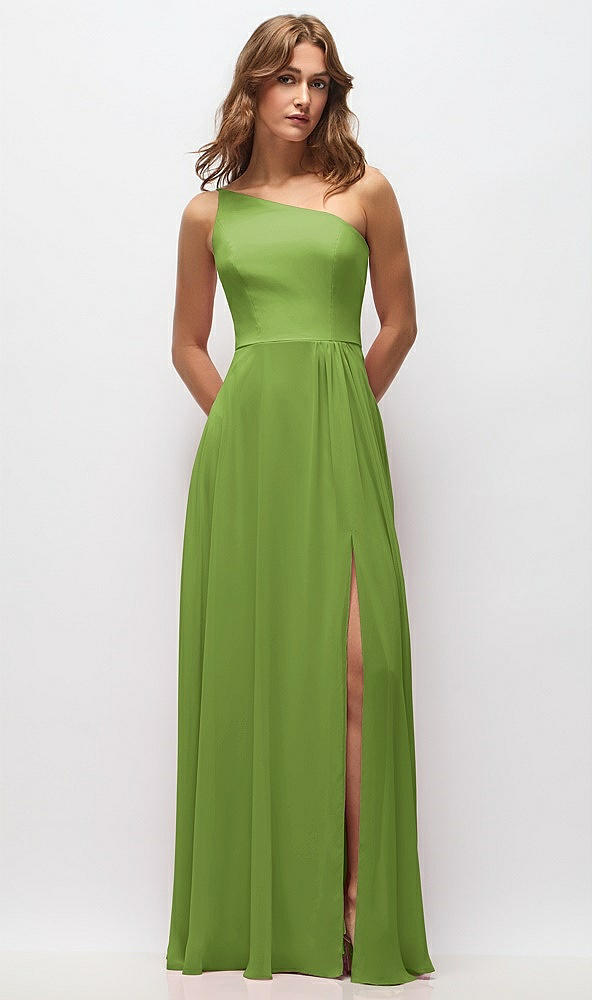 Front View - Peridot Green One-Shoulder Chiffon Maxi Dress with Shirred Front Slit