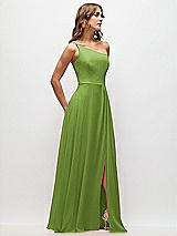 Side View Thumbnail - Peridot Green One-Shoulder Chiffon Maxi Dress with Shirred Front Slit