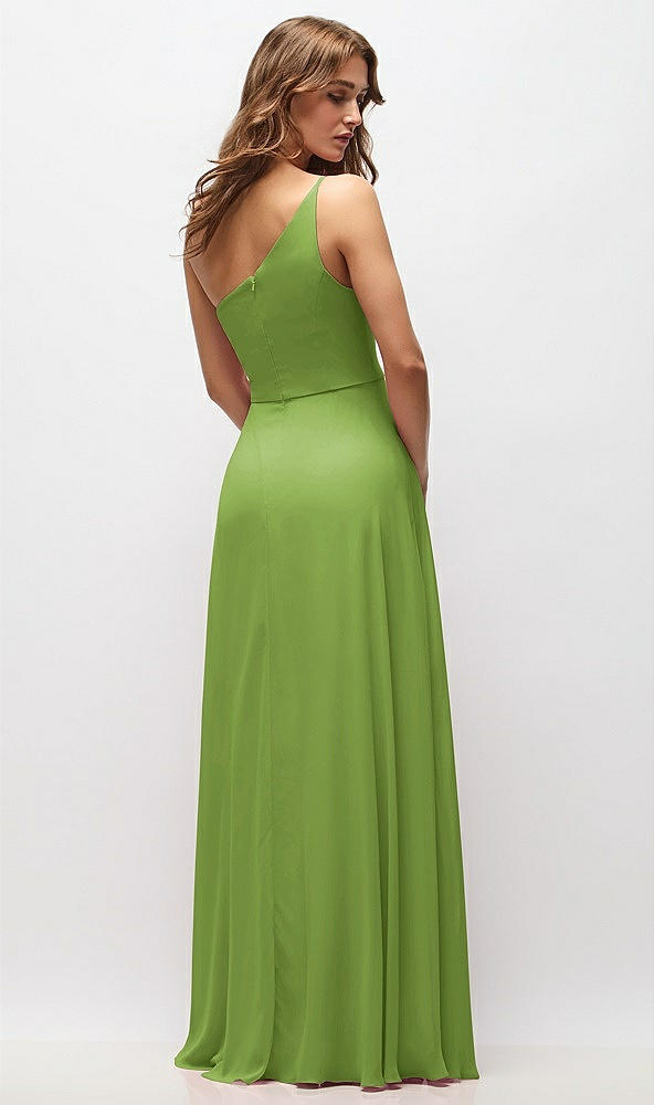 Back View - Peridot Green One-Shoulder Chiffon Maxi Dress with Shirred Front Slit