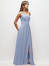 Side View Thumbnail - Sky Blue One-Shoulder Chiffon Maxi Dress with Shirred Front Slit