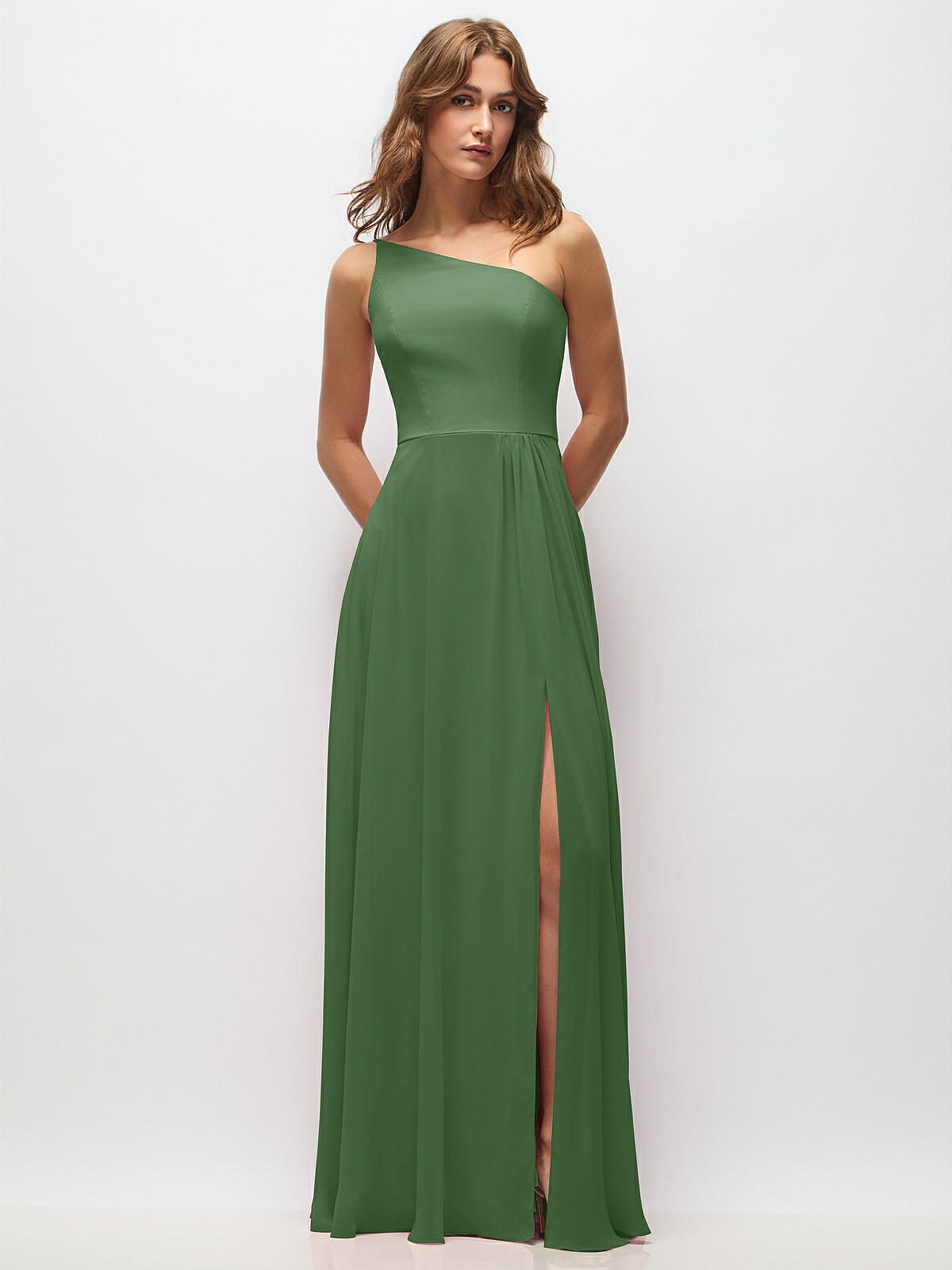 one shoulder maxi dress green One-Shoulder Chiffon Maxi Dress with Shirred Front Slit in Vineyard Green (Green)