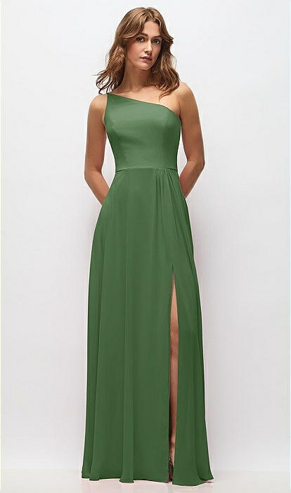 One-Shoulder Chiffon Maxi Dress with Shirred Front Slit in Vineyard Green (Green) One-Shoulder Chiffon Maxi Dress with Shirred Front Slit in Vineyard Green (Green)