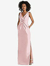 Front View Thumbnail - Ballet Pink Pleated Bodice Satin Maxi Pencil Dress with Bow Detail