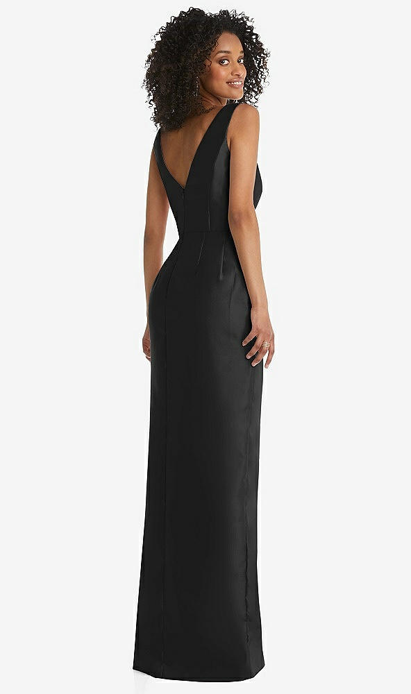 Back View - Black Pleated Bodice Satin Maxi Pencil Dress with Bow Detail