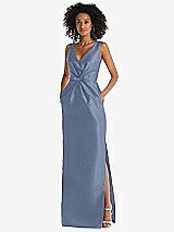 Front View Thumbnail - Larkspur Blue Pleated Bodice Satin Maxi Pencil Dress with Bow Detail