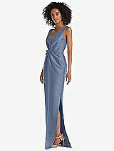 Side View Thumbnail - Larkspur Blue Pleated Bodice Satin Maxi Pencil Dress with Bow Detail