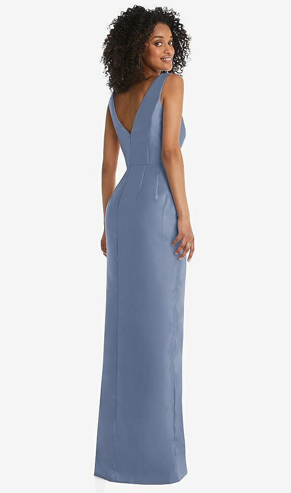 Back View - Larkspur Blue Pleated Bodice Satin Maxi Pencil Dress with Bow Detail