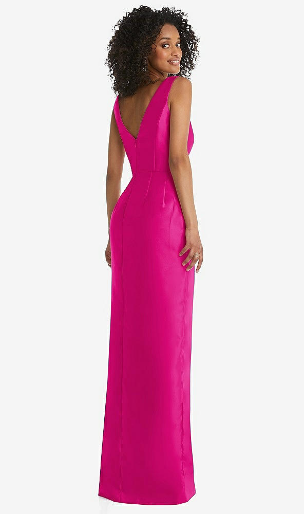 Back View - Think Pink Pleated Bodice Satin Maxi Pencil Dress with Bow Detail