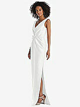 Side View Thumbnail - White Pleated Bodice Satin Maxi Pencil Dress with Bow Detail