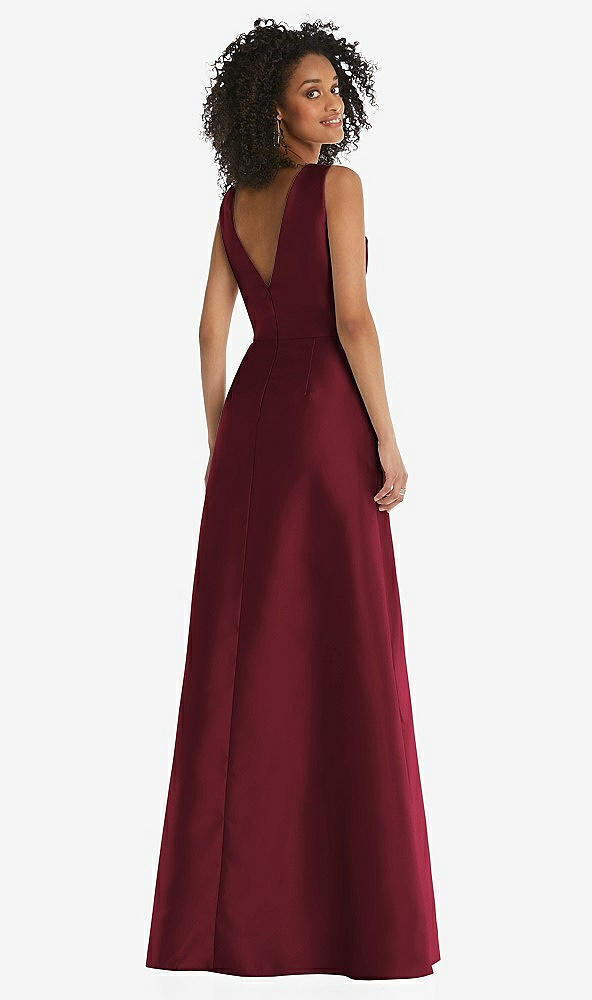 Back View - Cabernet Jewel Neck Asymmetrical Shirred Bodice Maxi Dress with Pockets