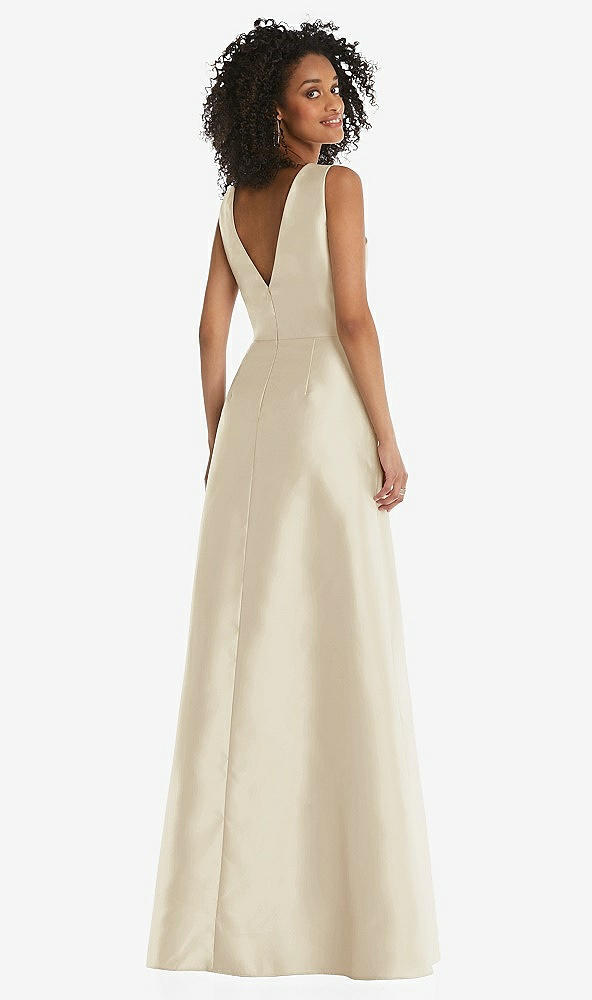 Back View - Champagne Jewel Neck Asymmetrical Shirred Bodice Maxi Dress with Pockets