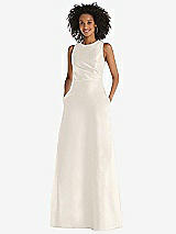 Front View Thumbnail - Ivory Jewel Neck Asymmetrical Shirred Bodice Maxi Dress with Pockets