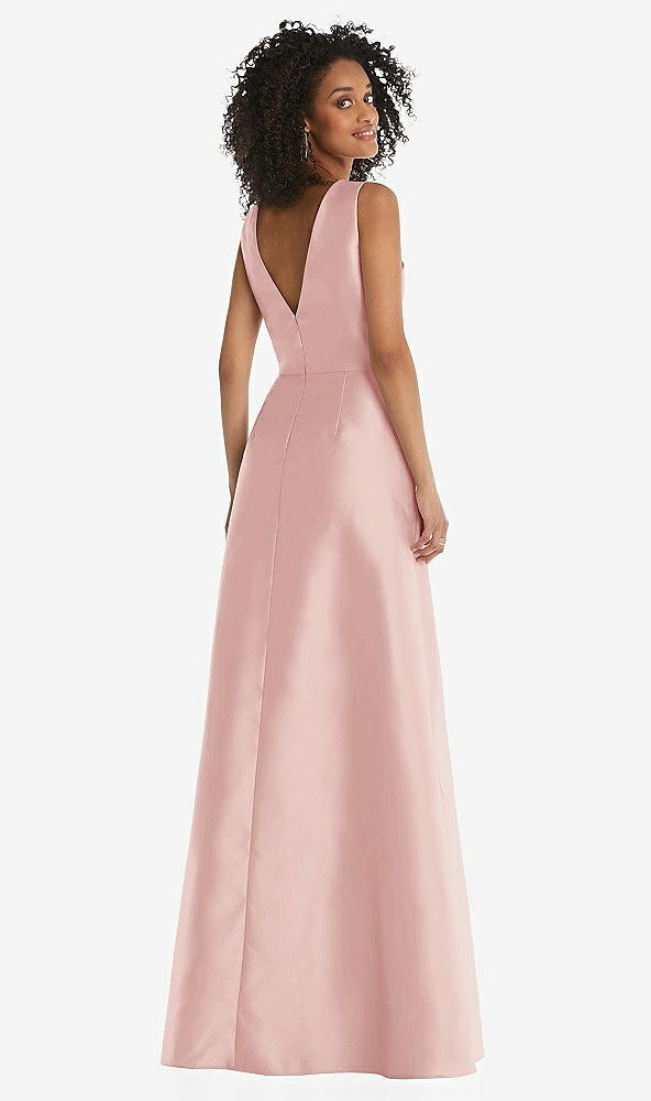Back View - Rose Jewel Neck Asymmetrical Shirred Bodice Maxi Dress with Pockets