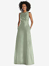 Front View Thumbnail - Sage Jewel Neck Asymmetrical Shirred Bodice Maxi Dress with Pockets