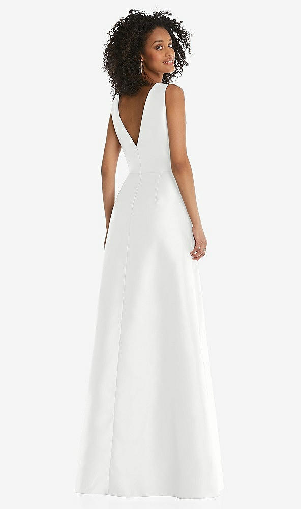 Back View - White Jewel Neck Asymmetrical Shirred Bodice Maxi Dress with Pockets