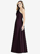 Side View Thumbnail - Deep Plum Pleated Draped One-Shoulder Satin Maxi Dress with Pockets