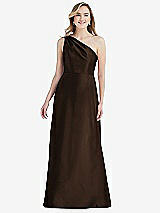 Front View Thumbnail - Espresso Pleated Draped One-Shoulder Satin Maxi Dress with Pockets