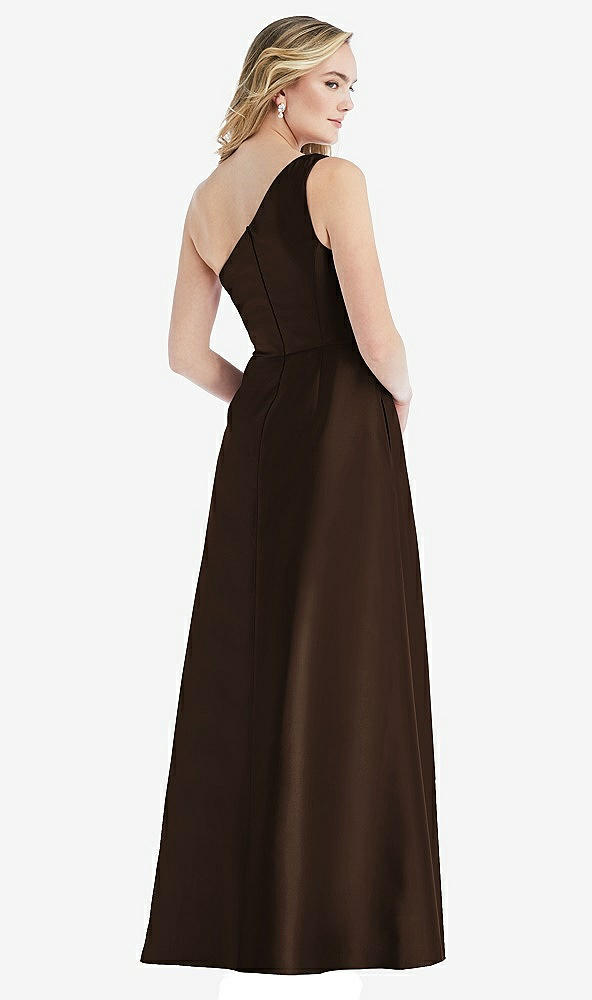 Back View - Espresso Pleated Draped One-Shoulder Satin Maxi Dress with Pockets