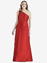 Front View Thumbnail - Poppy Red Pleated Draped One-Shoulder Satin Maxi Dress with Pockets