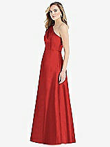 Side View Thumbnail - Poppy Red Pleated Draped One-Shoulder Satin Maxi Dress with Pockets