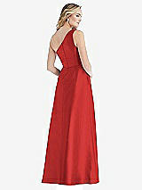 Rear View Thumbnail - Poppy Red Pleated Draped One-Shoulder Satin Maxi Dress with Pockets