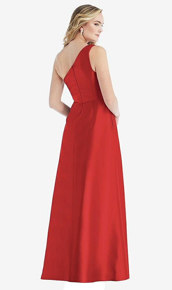 Back View - Poppy Red Pleated Draped One-Shoulder Satin Maxi Dress with Pockets