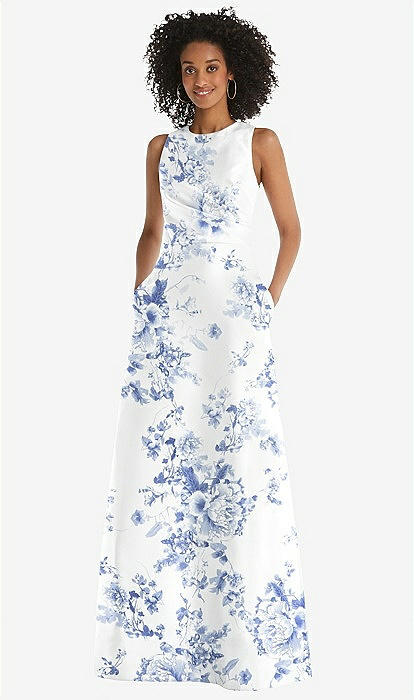 white floral asymmetric dress Mariposa Floral Aerin Asymmetrical Flutter Midi Dress WHT-BLUE / S by Sugarlips