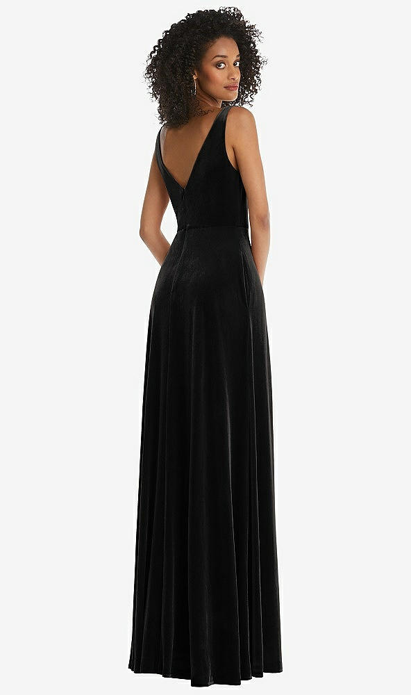 Back View - Black Velvet Maxi Dress with Shirred Bodice and Front Slit