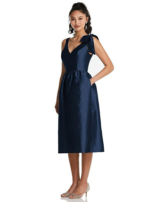 Bowed-Shoulder Full Skirt Midi Dress with Pockets