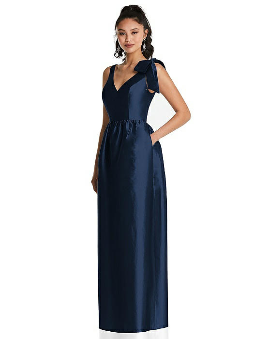 Bowed-Shoulder Full Skirt Maxi Dress with Pockets