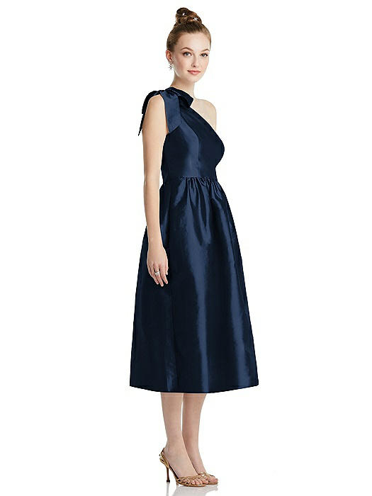 Bowed One-Shoulder Full Skirt Midi Dress with Pockets