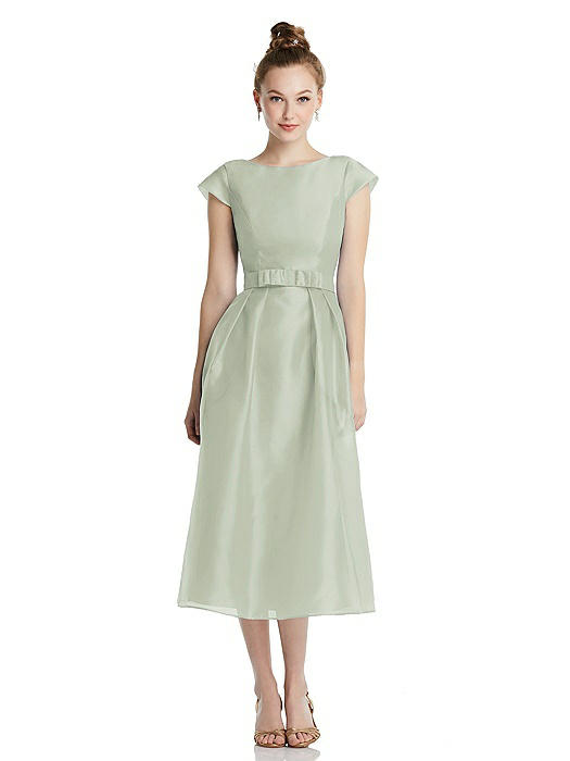 Cap Sleeve Pleated Skirt Midi Dress with Bowed Waist