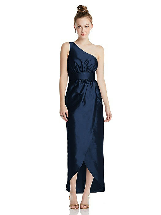 One-Shoulder Shirred Tulip Skirt Midi Dress