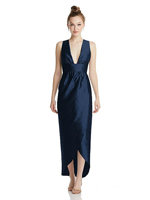 Plunging Neckline Shirred Tulip Skirt Midi Dress