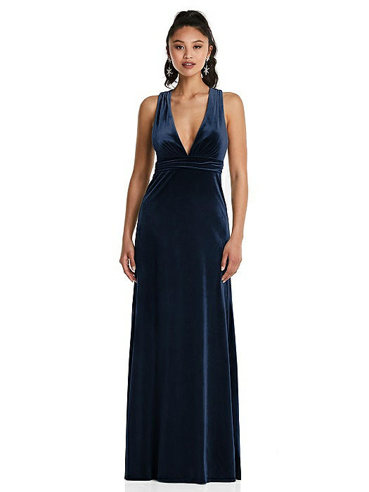Plunging Neckline Velvet Maxi Dress with Criss Cross Open-Back