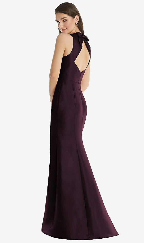 Back View - Deep Plum Jewel Neck Bowed Open-Back Trumpet Dress with Front Slit