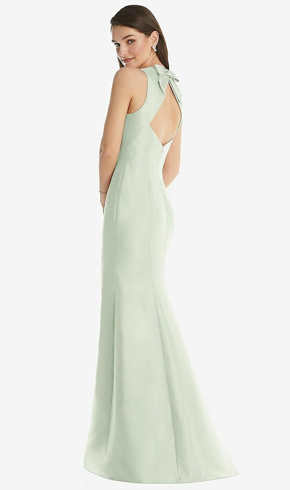 Back View - Mint Green Jewel Neck Bowed Open-Back Trumpet Dress with Front Slit