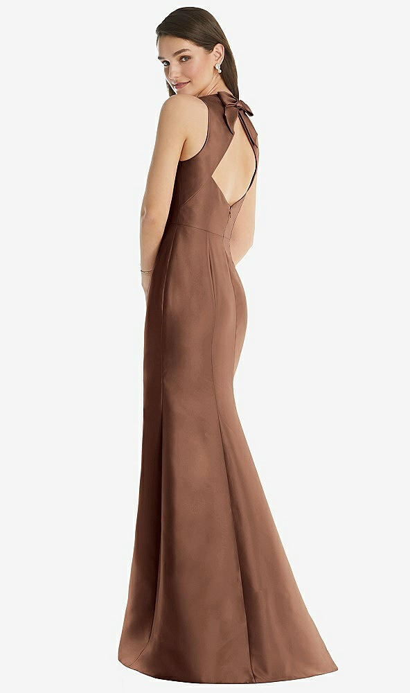 Back View - Cognac Jewel Neck Bowed Open-Back Trumpet Dress with Front Slit