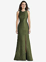 Front View Thumbnail - Olive Green Jewel Neck Bowed Open-Back Trumpet Dress with Front Slit