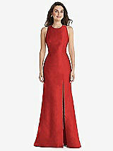Front View Thumbnail - Poppy Red Jewel Neck Bowed Open-Back Trumpet Dress with Front Slit