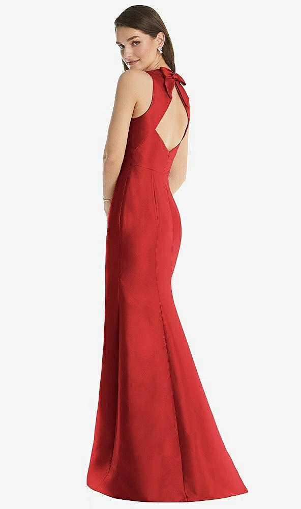 Back View - Poppy Red Jewel Neck Bowed Open-Back Trumpet Dress with Front Slit