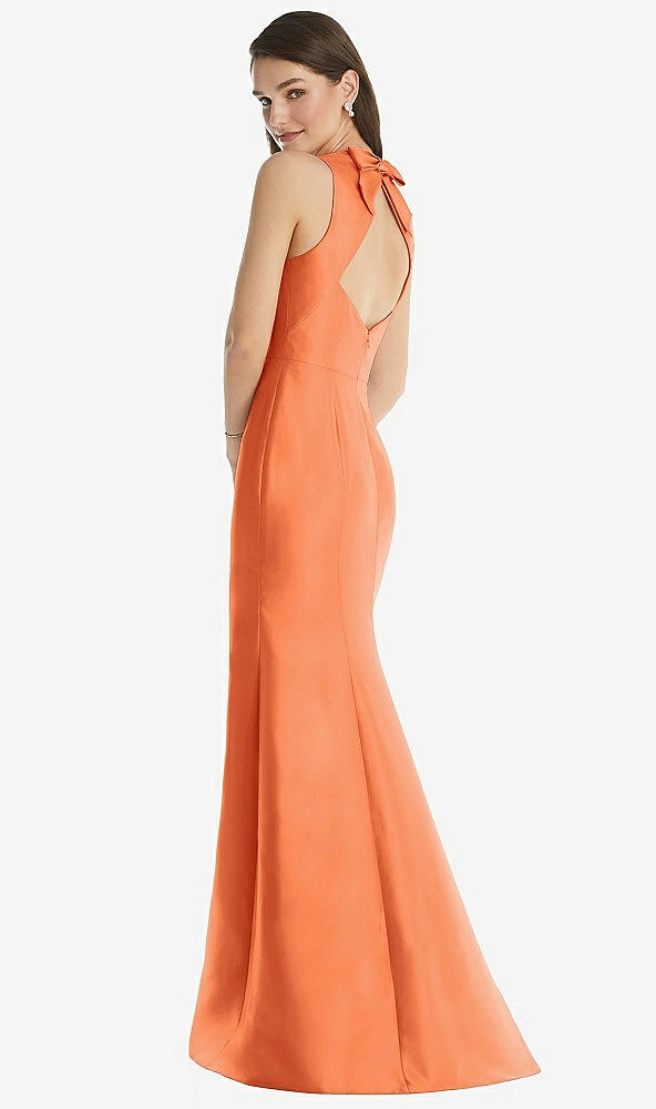 Back View - Portofino Orange Jewel Neck Bowed Open-Back Trumpet Dress with Front Slit