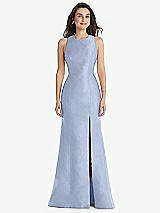 Front View Thumbnail - Sky Blue Jewel Neck Bowed Open-Back Trumpet Dress with Front Slit